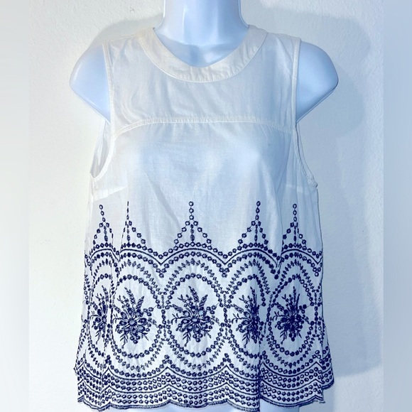 Embroidered White and Blue Sleeveless Top - Picture 1 of 9